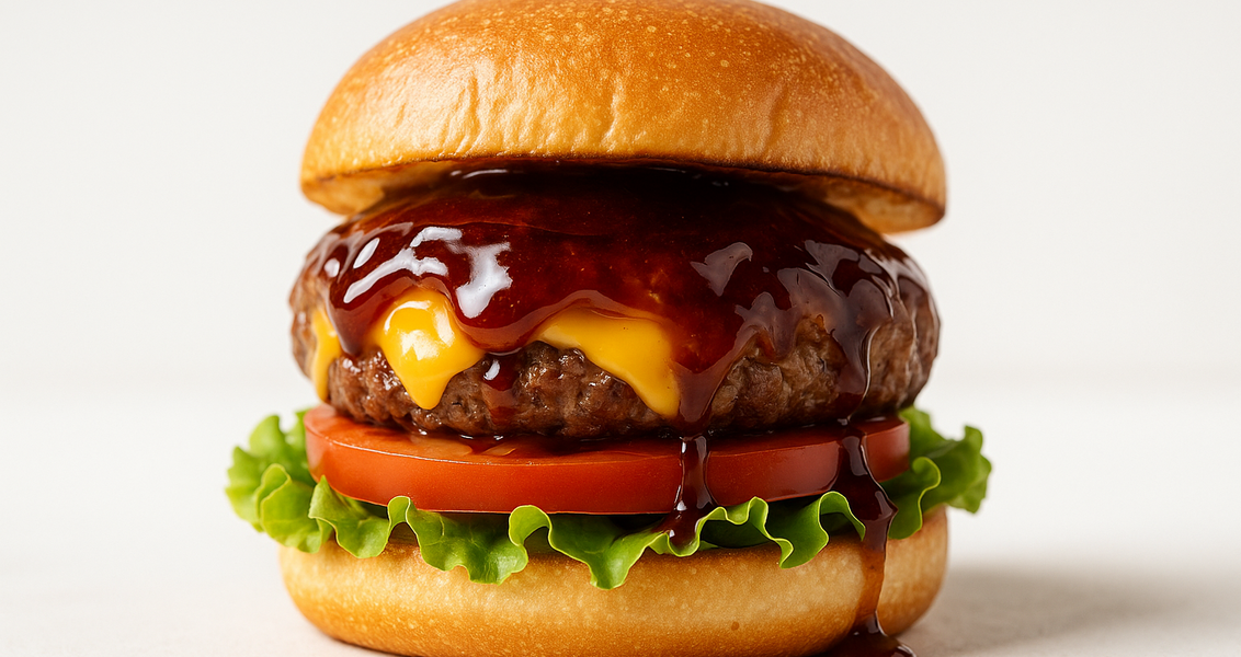 alt_text: Burger bistro dengan lapisan glaze manis asam.
