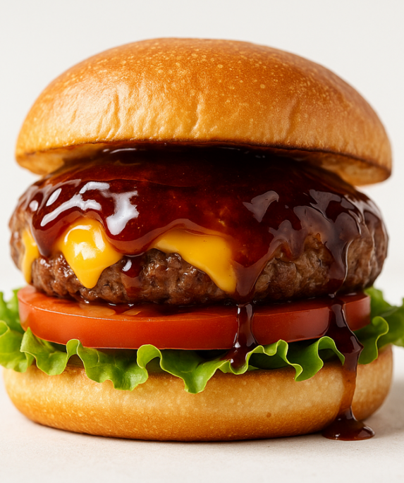 alt_text: Burger bistro dengan lapisan glaze manis asam.