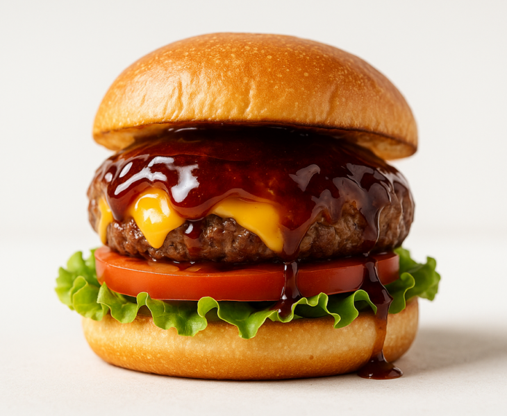 alt_text: Burger bistro dengan lapisan glaze manis asam.
