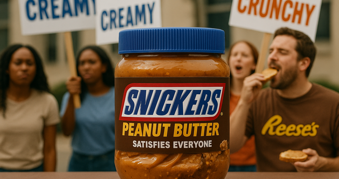 alt_text: Snickers® Peanut Butter sindir kompetitor dengan kemasan kreatif dan pesan tajam.