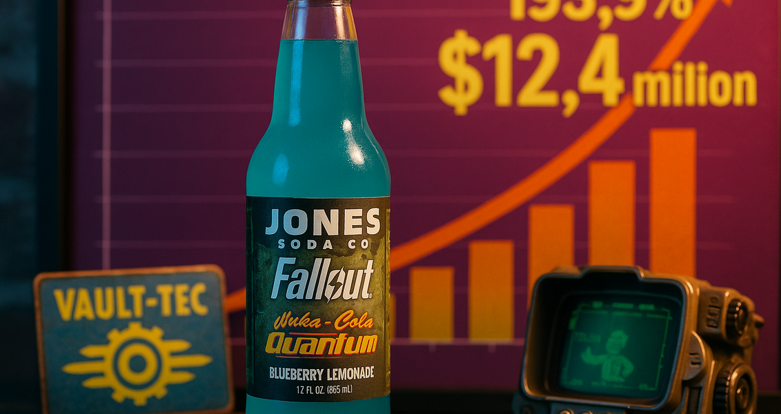 alt_text: Botol Jones Soda edisi Fallout, label bertema pos-apokaliptik untuk kampanye pemasaran baru.