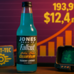 alt_text: Botol Jones Soda edisi Fallout, label bertema pos-apokaliptik untuk kampanye pemasaran baru.