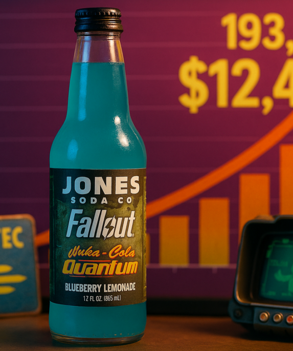 alt_text: Botol Jones Soda edisi Fallout, label bertema pos-apokaliptik untuk kampanye pemasaran baru.