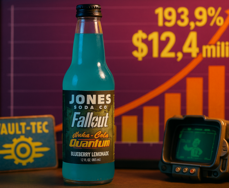 alt_text: Botol Jones Soda edisi Fallout, label bertema pos-apokaliptik untuk kampanye pemasaran baru.