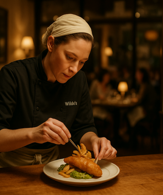 alt_text: Restoran Wilde’s Los Feliz menampilkan makanan dan minuman khas Britania.
