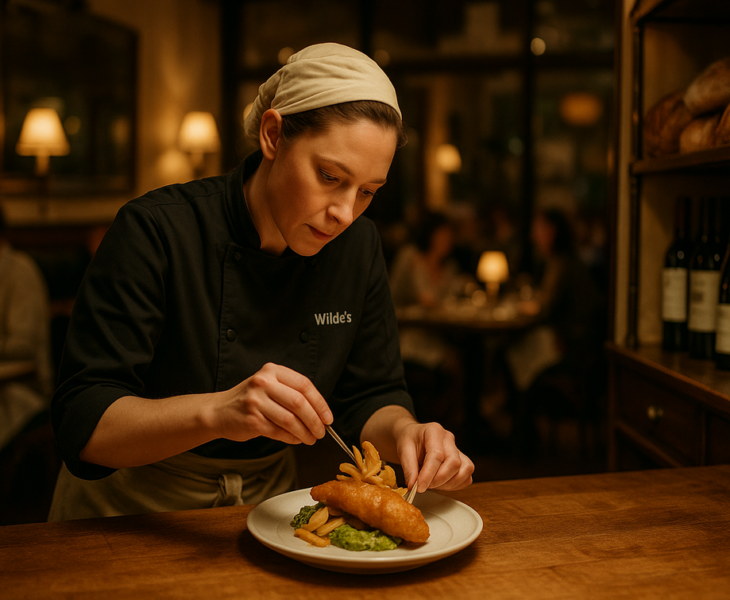 alt_text: Restoran Wilde’s Los Feliz menampilkan makanan dan minuman khas Britania.