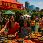 alt_text: Sajian meriah beragam hidangan melambangkan perayaan Juneteenth dan kebebasan bersama.