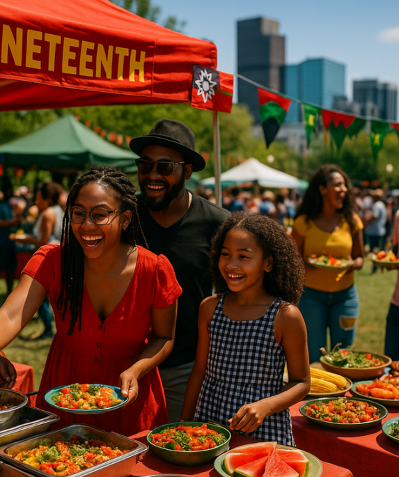 alt_text: Sajian meriah beragam hidangan melambangkan perayaan Juneteenth dan kebebasan bersama.