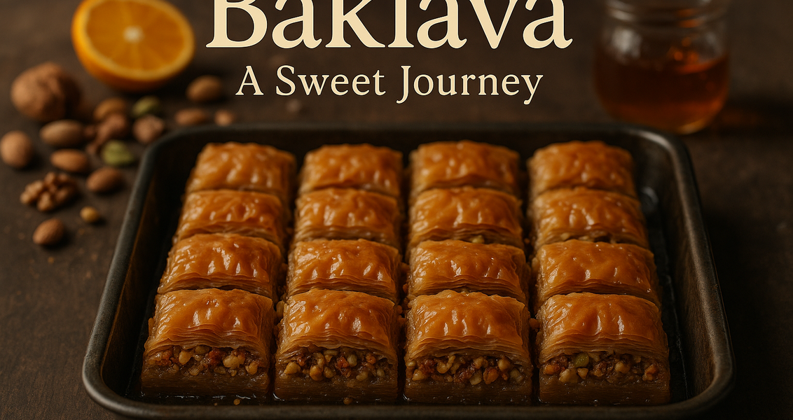 alt_text: Baklava cokelat dengan almond dan jeruk segar di atas piring.