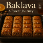alt_text: Baklava cokelat dengan almond dan jeruk segar di atas piring.