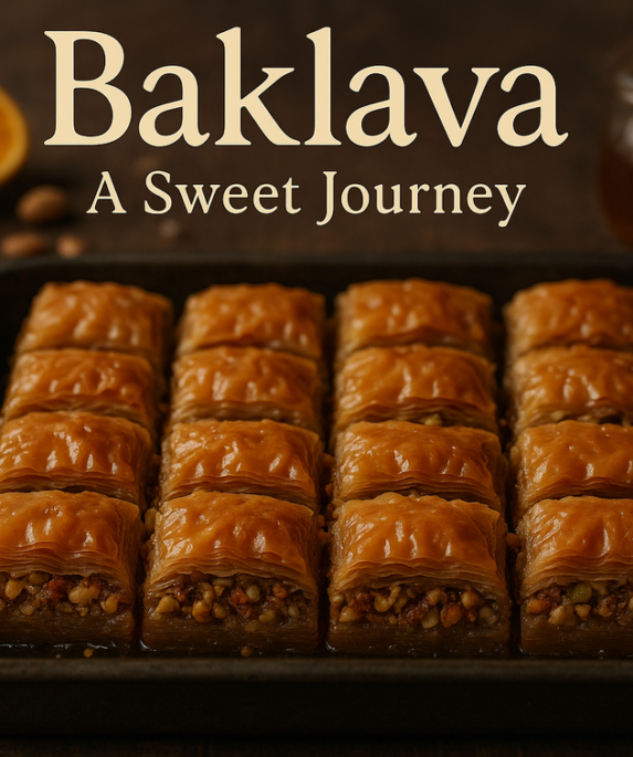 alt_text: Baklava cokelat dengan almond dan jeruk segar di atas piring.