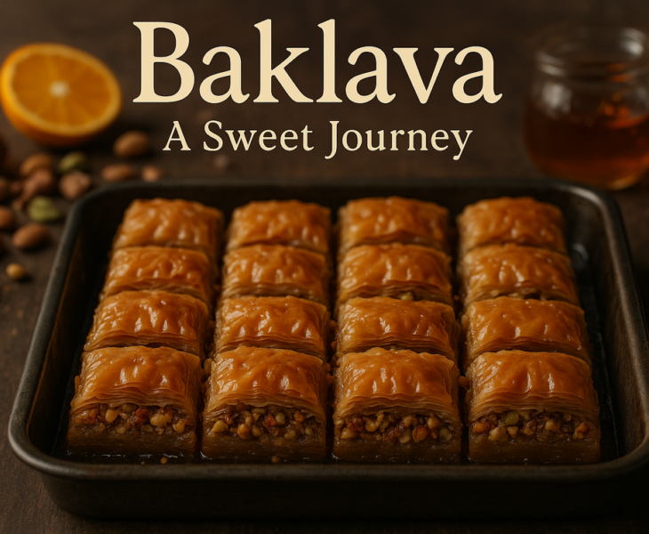 alt_text: Baklava cokelat dengan almond dan jeruk segar di atas piring.