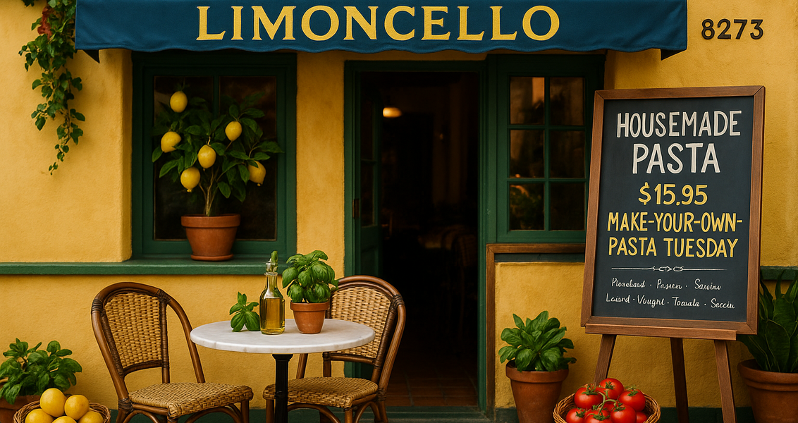 alt_text: Lemon segar, pemandangan laut, dan hidangan khas Amalfi hadir di La Mesa.