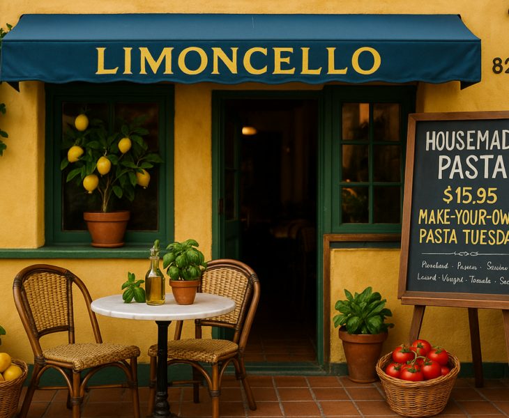 alt_text: Lemon segar, pemandangan laut, dan hidangan khas Amalfi hadir di La Mesa.