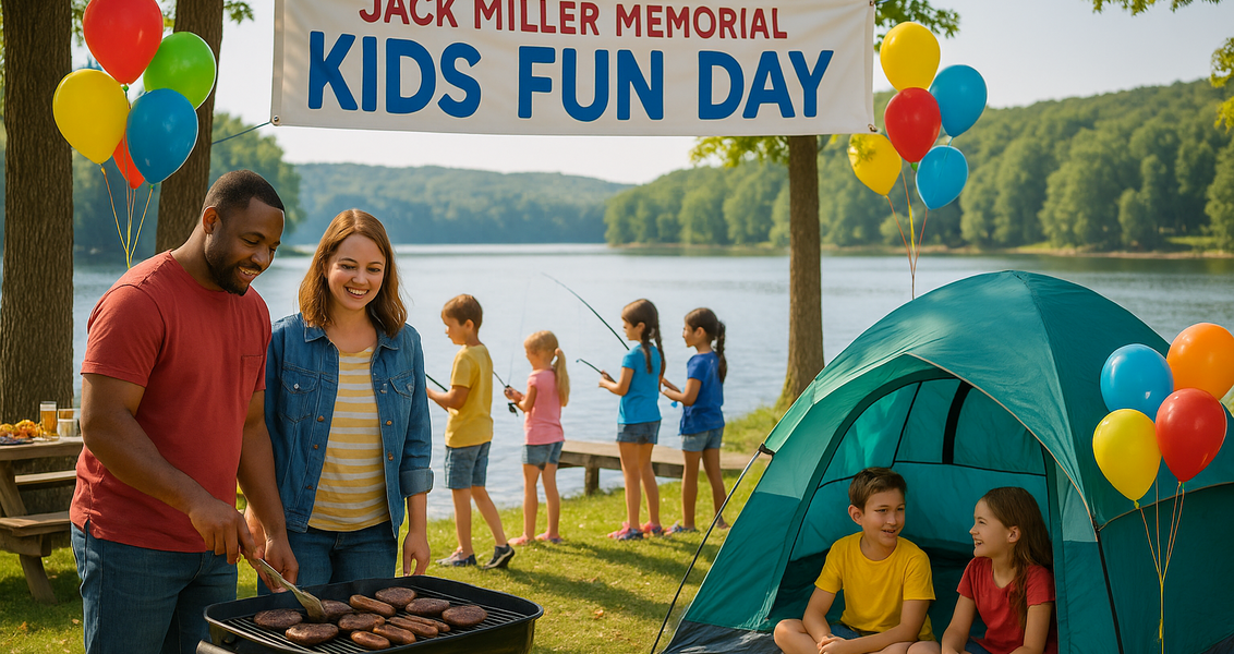 "alt_text": "Anak-anak gembira bermain dan memancing mainan di acara Jack Miller Kids Fun Day."