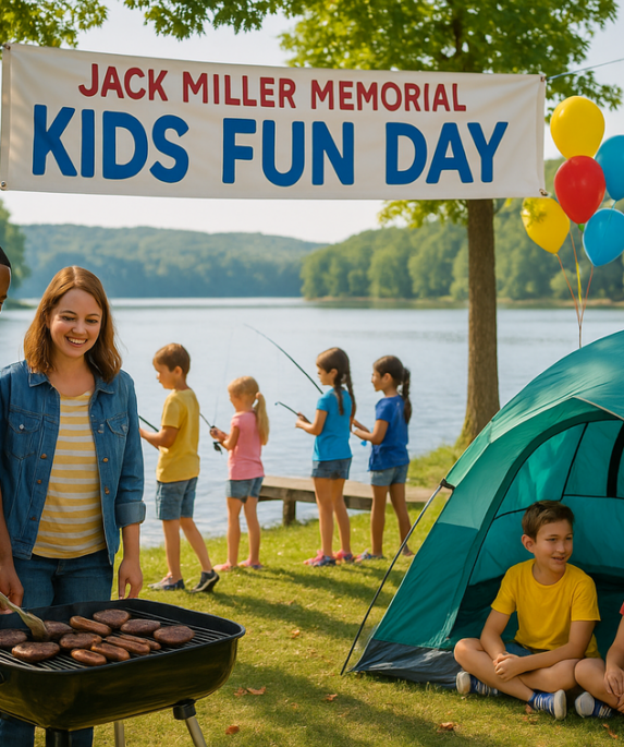 "alt_text": "Anak-anak gembira bermain dan memancing mainan di acara Jack Miller Kids Fun Day."