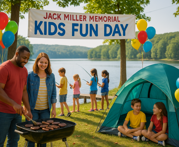 "alt_text": "Anak-anak gembira bermain dan memancing mainan di acara Jack Miller Kids Fun Day."