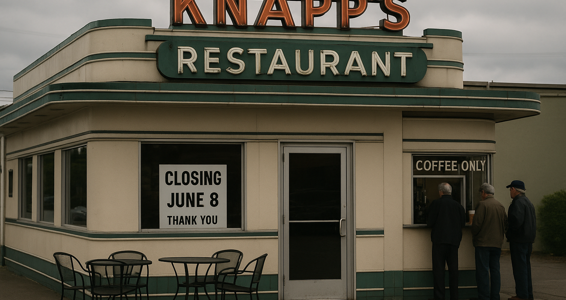 alt_text: "Senja hangat menyinari Knapp's Diner yang menghadapi penutupan terakhir di Tacoma."