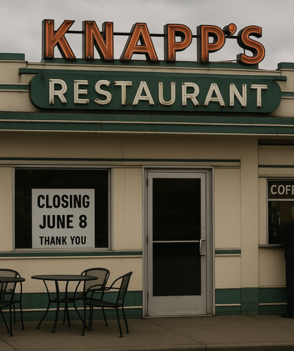 alt_text: "Senja hangat menyinari Knapp's Diner yang menghadapi penutupan terakhir di Tacoma."