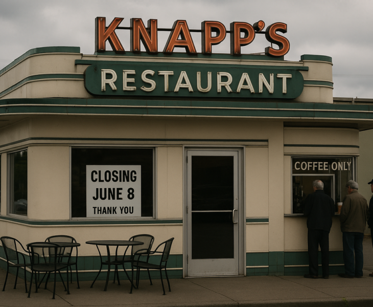 alt_text: "Senja hangat menyinari Knapp's Diner yang menghadapi penutupan terakhir di Tacoma."