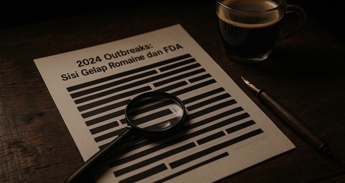 alt_text: Poster dengan tulisan "2024 Outbreaks: Sisi Gelap Romaine dan FDA", fokus pada isu kesehatan pangan.