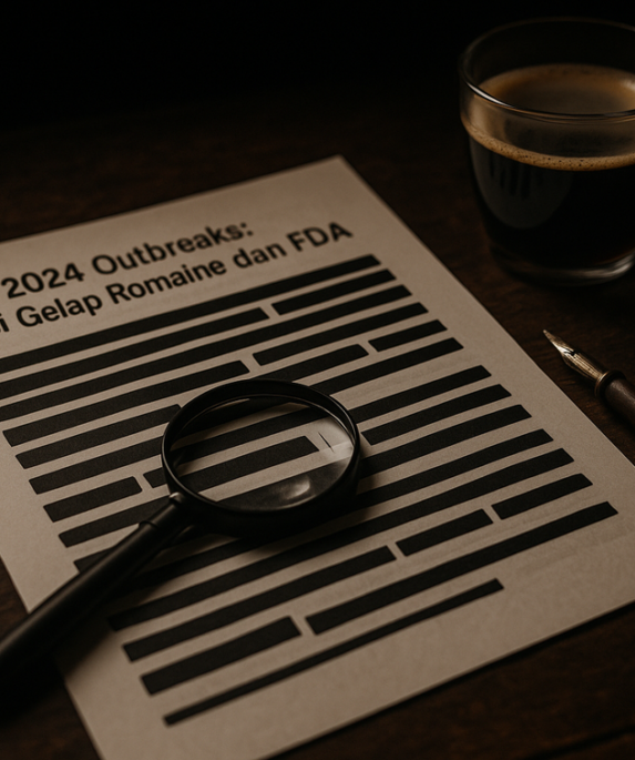 alt_text: Poster dengan tulisan "2024 Outbreaks: Sisi Gelap Romaine dan FDA", fokus pada isu kesehatan pangan.