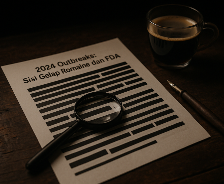 alt_text: Poster dengan tulisan "2024 Outbreaks: Sisi Gelap Romaine dan FDA", fokus pada isu kesehatan pangan.