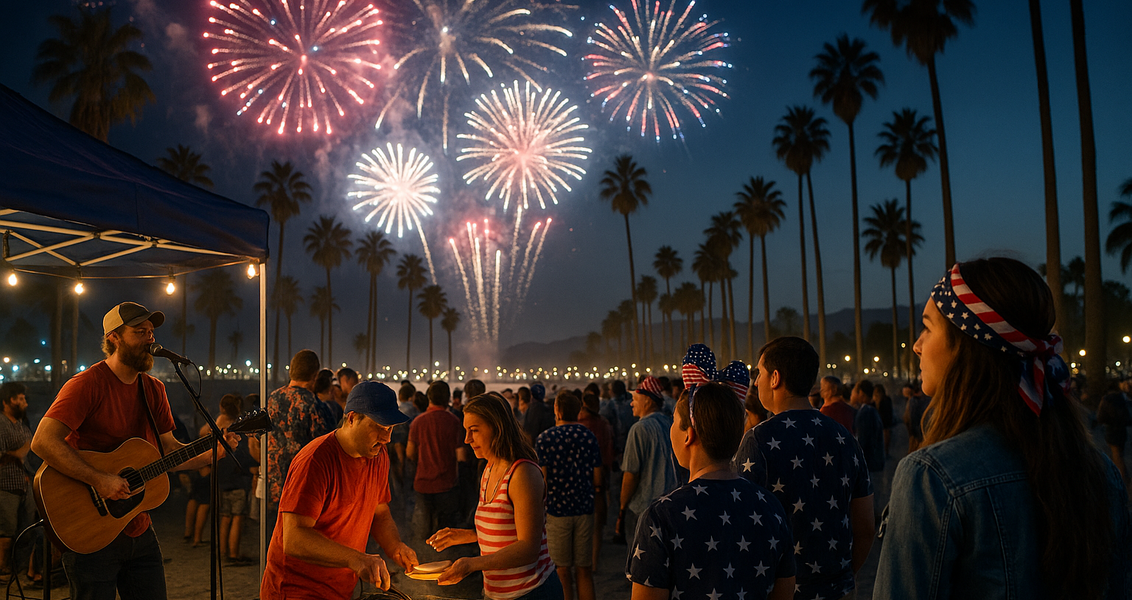 alt_text: Perayaan semarak 250 tahun Amerika di Santa Barbara dengan parade dan bendera nasional.