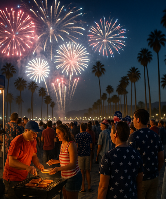 alt_text: Perayaan semarak 250 tahun Amerika di Santa Barbara dengan parade dan bendera nasional.