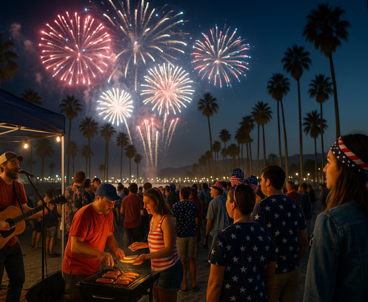 alt_text: Perayaan semarak 250 tahun Amerika di Santa Barbara dengan parade dan bendera nasional.