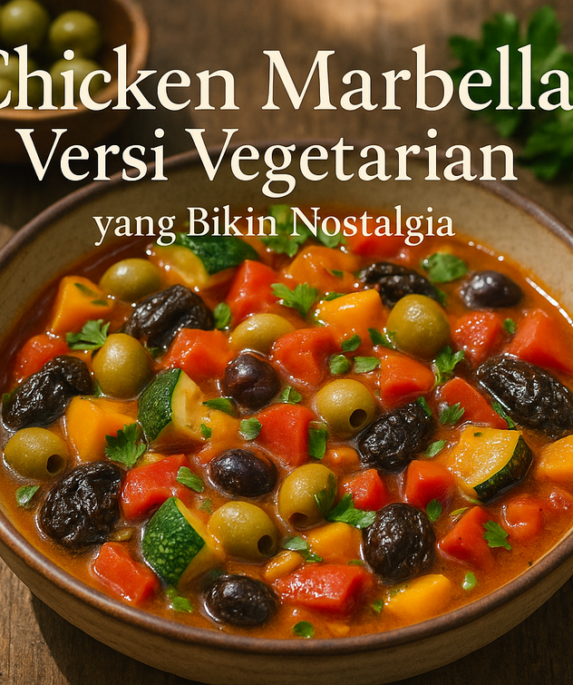 alt_text: Chicken Marbella versi vegetarian dengan plum, zaitun, dan rempah, menggugah rasa nostalgia.