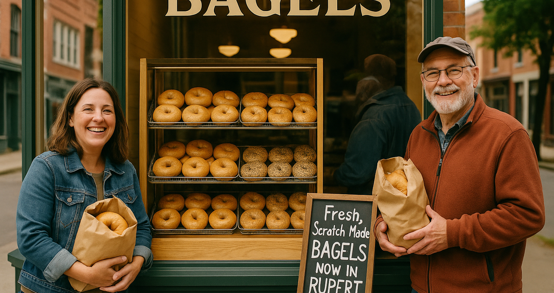 alt_text: Warga berbondong-bondong ke toko bagel baru di pusat kota Rupert untuk mencoba rasa autentik.
