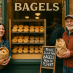 alt_text: Warga berbondong-bondong ke toko bagel baru di pusat kota Rupert untuk mencoba rasa autentik.