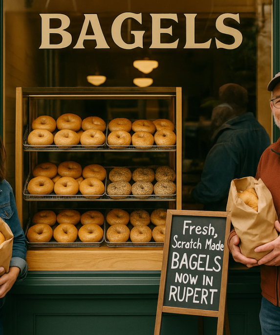 alt_text: Warga berbondong-bondong ke toko bagel baru di pusat kota Rupert untuk mencoba rasa autentik.