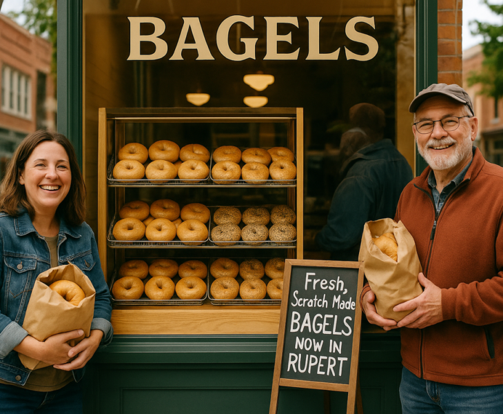 alt_text: Warga berbondong-bondong ke toko bagel baru di pusat kota Rupert untuk mencoba rasa autentik.