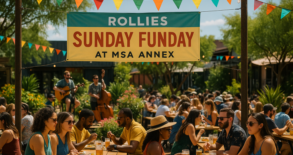 alt_text: Keseruan Sunday Funday di Mercado District dengan orang-orang menikmati berbagai kegiatan.