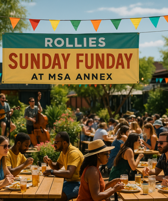 alt_text: Keseruan Sunday Funday di Mercado District dengan orang-orang menikmati berbagai kegiatan.