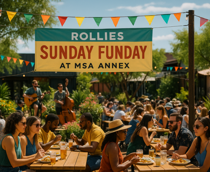 alt_text: Keseruan Sunday Funday di Mercado District dengan orang-orang menikmati berbagai kegiatan.