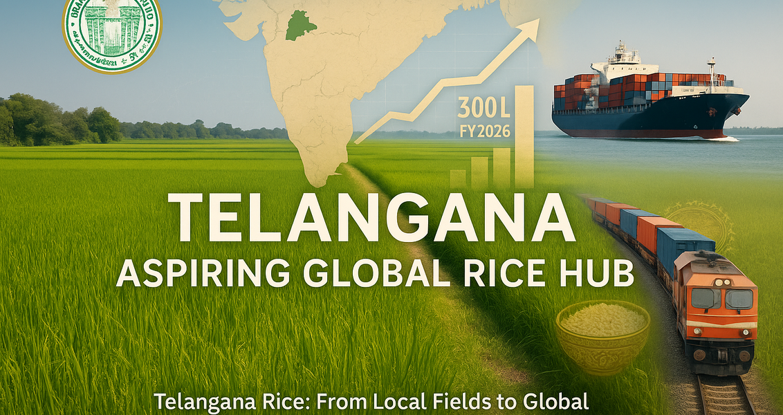alt_text: Peta dan grafik strategi pemasaran beras Telangana ke pasar global.