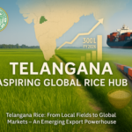alt_text: Peta dan grafik strategi pemasaran beras Telangana ke pasar global.