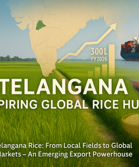 alt_text: Peta dan grafik strategi pemasaran beras Telangana ke pasar global.