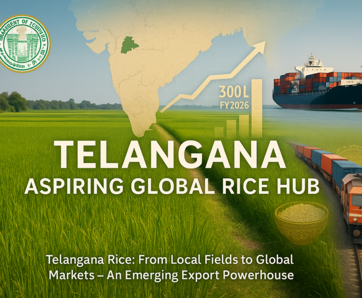 alt_text: Peta dan grafik strategi pemasaran beras Telangana ke pasar global.