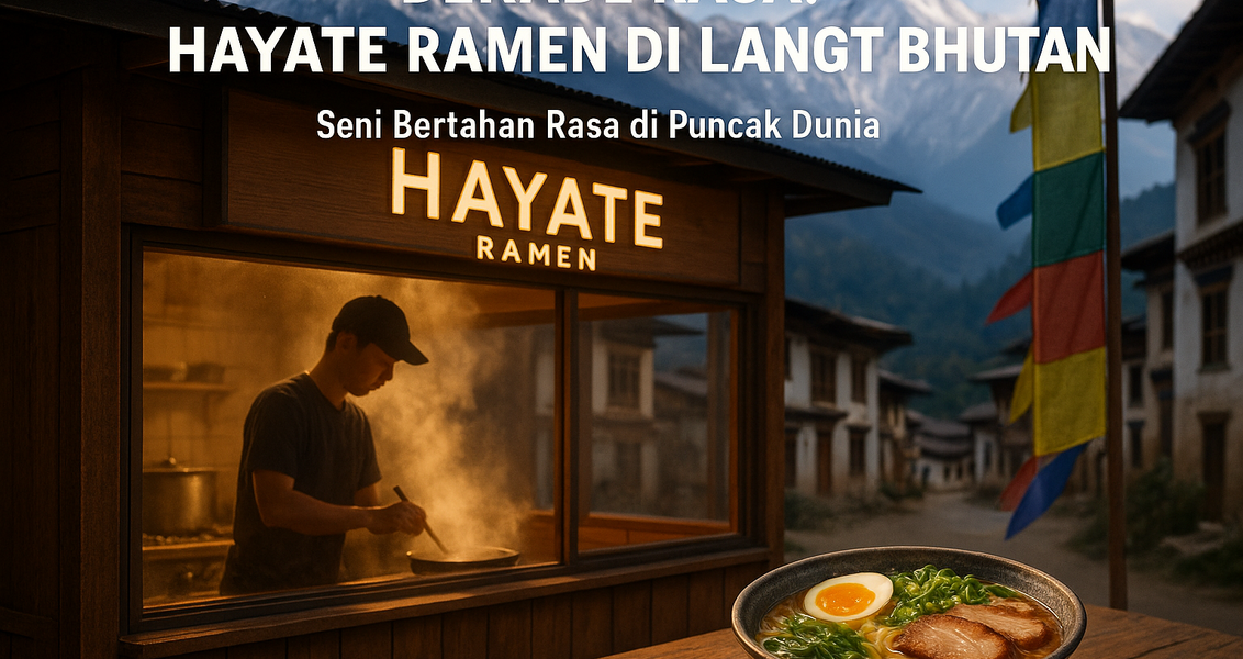 Mangkok ramen Jepang di atap Bhutan, berpadu eksotis dalam pemandangan pegunungan.