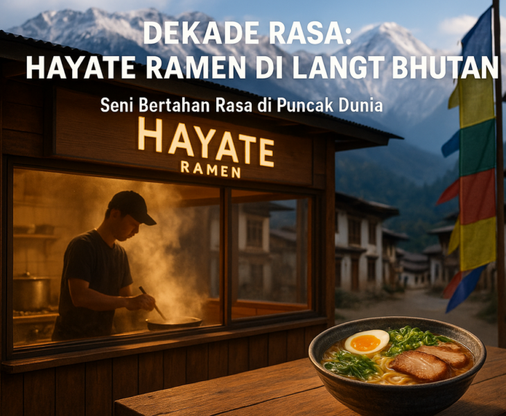 Mangkok ramen Jepang di atap Bhutan, berpadu eksotis dalam pemandangan pegunungan.